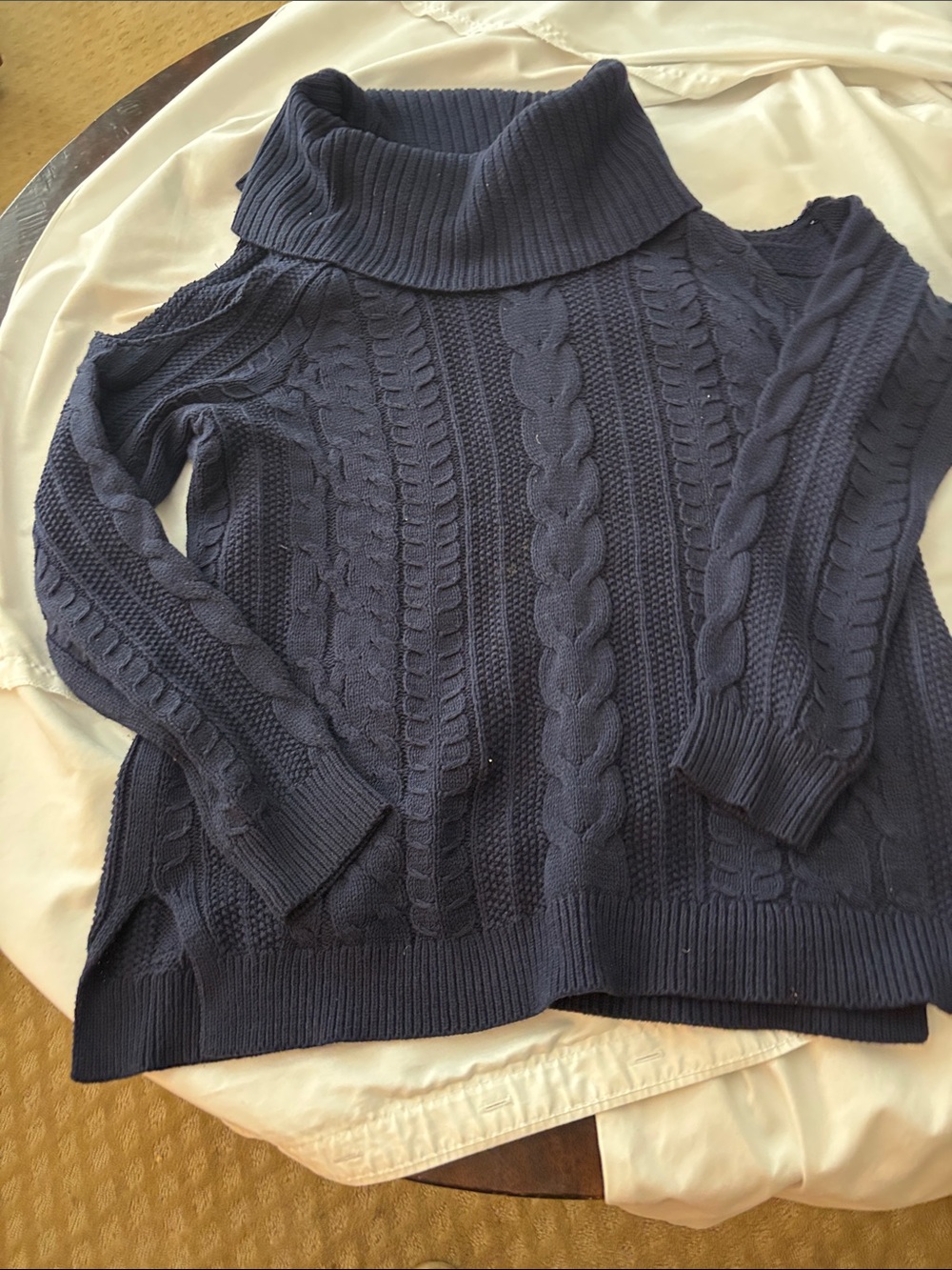 crown & ivy Navy Cold-Shoulder Cable Knit Turtleneck Sweater